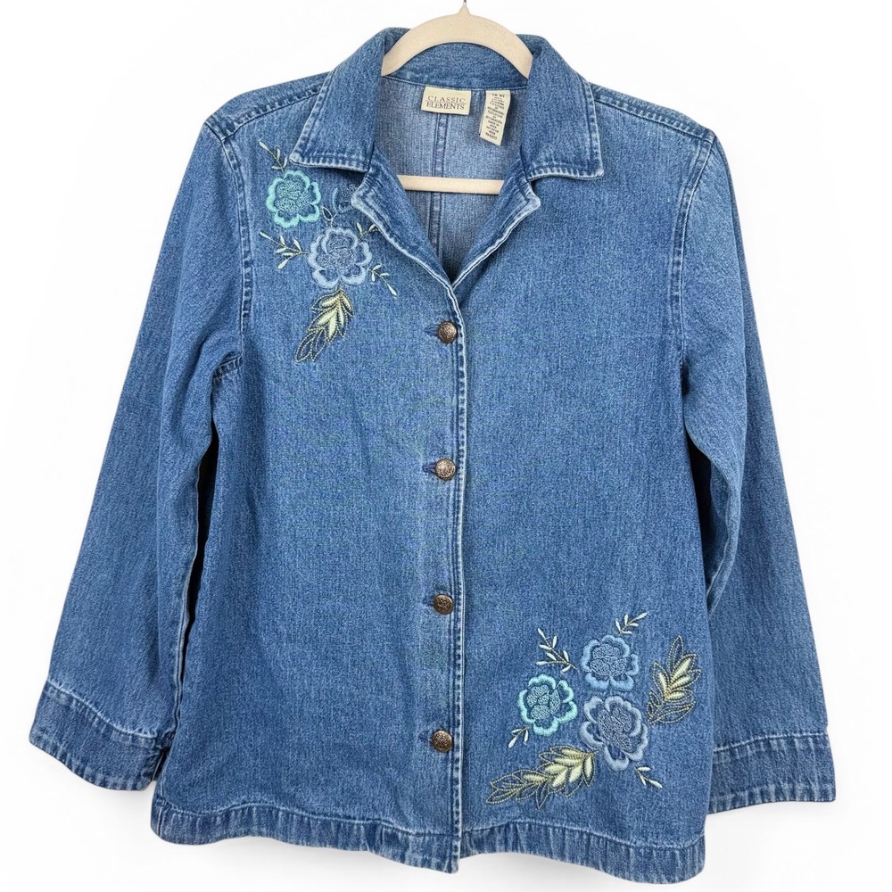 Y2K Vintage Cottagecore Denim‎ Jacket Embroidered Blue Flower Boho Small (6-8)
